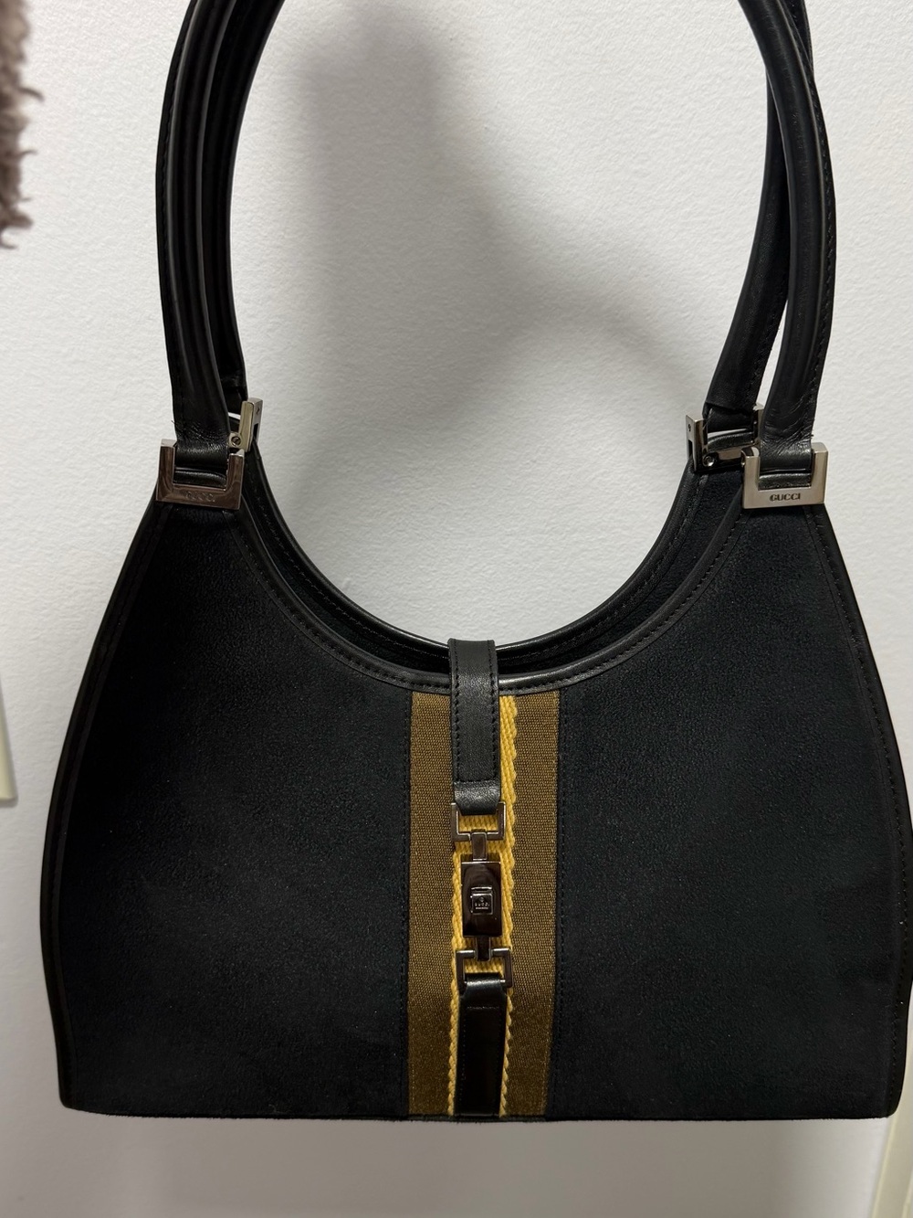 Gucci Black Shoulder Bag with Brown and Gold Center Stripe